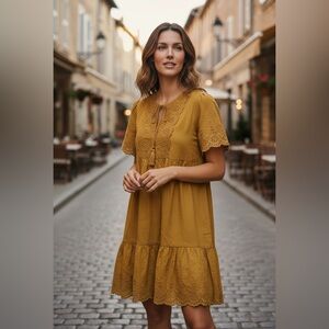 Knox Rose Mustard Yellow Eyelet Babydoll Dress XS Boho Cottagecore Peasant Dress